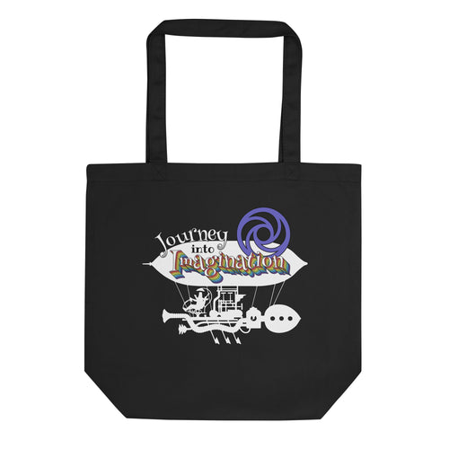 Logo inspired by EPCOT's Journey into Imagination, in rainbow colors atop an airship, on a Black tote — flat lay