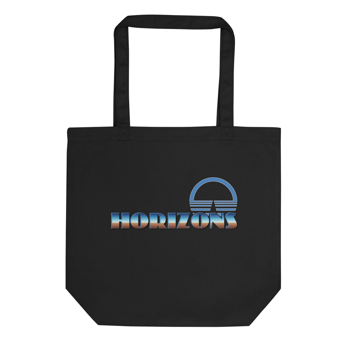 A logo for the classic EPCOT attraction, Horizons, text displaying with a sharp horizon line running through it, gradient to sky above and earth below., on a Black tote — flat lay