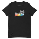 Logo inspired by the EPCOT attraction reading 'Spaceship EARTH' with a stylized globe icon above, on a Vintage Black tee — flat lay