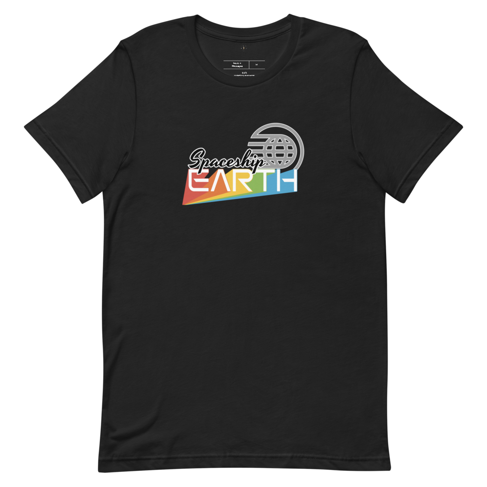Logo inspired by the EPCOT attraction reading 'Spaceship EARTH' with a stylized globe icon above, on a Vintage Black tee — flat lay