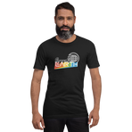Logo inspired by the EPCOT attraction reading 'Spaceship EARTH' with a stylized globe icon above, on a Vintage Black tee — worn stylishly by a model