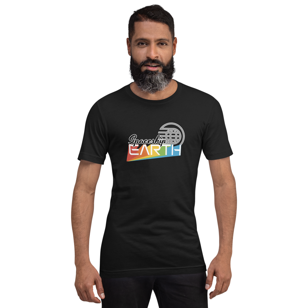 Logo inspired by the EPCOT attraction reading 'Spaceship EARTH' with a stylized globe icon above, on a Vintage Black tee — worn stylishly by a model