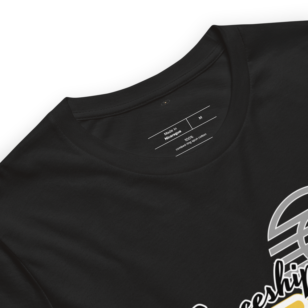 Logo inspired by the EPCOT attraction reading 'Spaceship EARTH' with a stylized globe icon above, on a Vintage Black tee — fabric detail