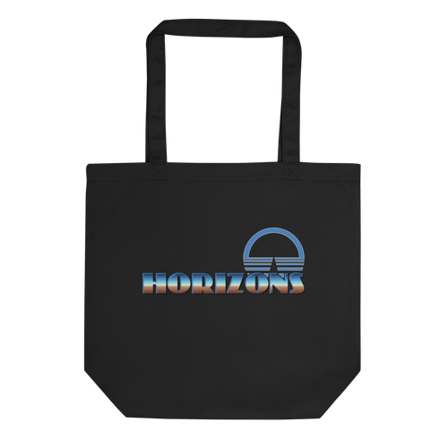 A logo for the classic EPCOT attraction, Horizons, text displaying with a sharp horizon line running through it, gradient to sky above and earth below., on a Black tote — flat lay