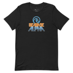 Orange and blue SeaBase Alpha logo with The Living Seas Pavilion icon above, on a Vintage Black tee — flat lay