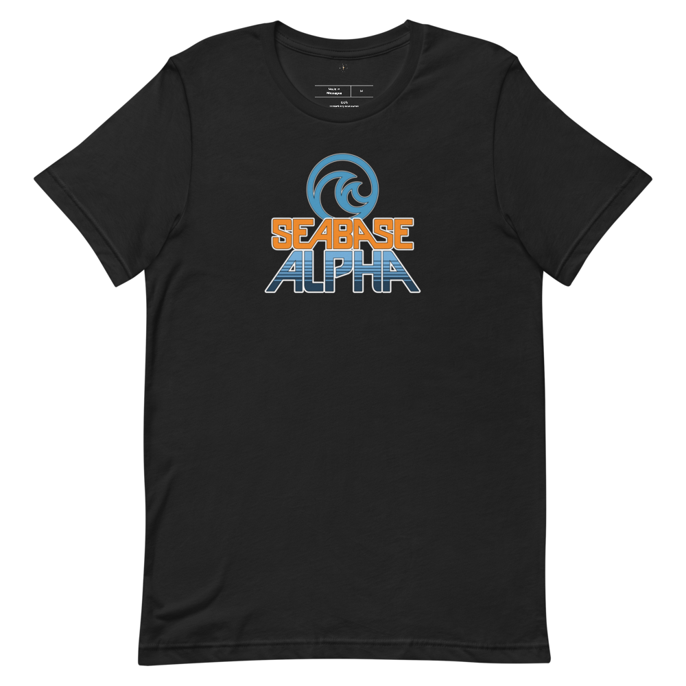 Orange and blue SeaBase Alpha logo with The Living Seas Pavilion icon above, on a Vintage Black tee — flat lay