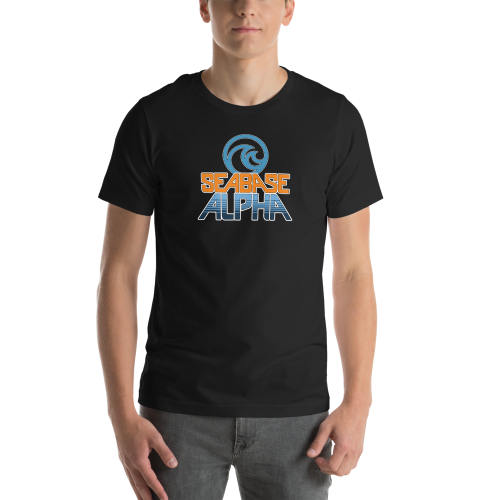 Orange and blue SeaBase Alpha logo with The Living Seas Pavilion icon above, on a Vintage Black tee — worn stylishly by a model