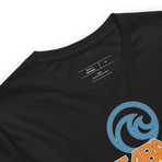 Orange and blue SeaBase Alpha logo with The Living Seas Pavilion icon above, on a Vintage Black tee — fabric detail