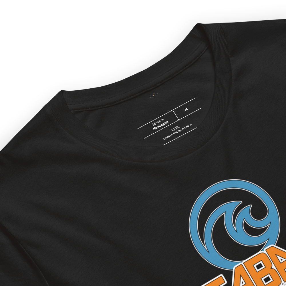 Orange and blue SeaBase Alpha logo with The Living Seas Pavilion icon above, on a Vintage Black tee — fabric detail
