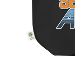 Orange and blue SeaBase Alpha logo with The Living Seas Pavilion icon above, on a Black tote — fabric detail