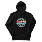 Ten EPCOT pavilion icons in rainbow colors, superimposed on a grey five-ring EPCOT park logo, on a Black hoodie — flat lay