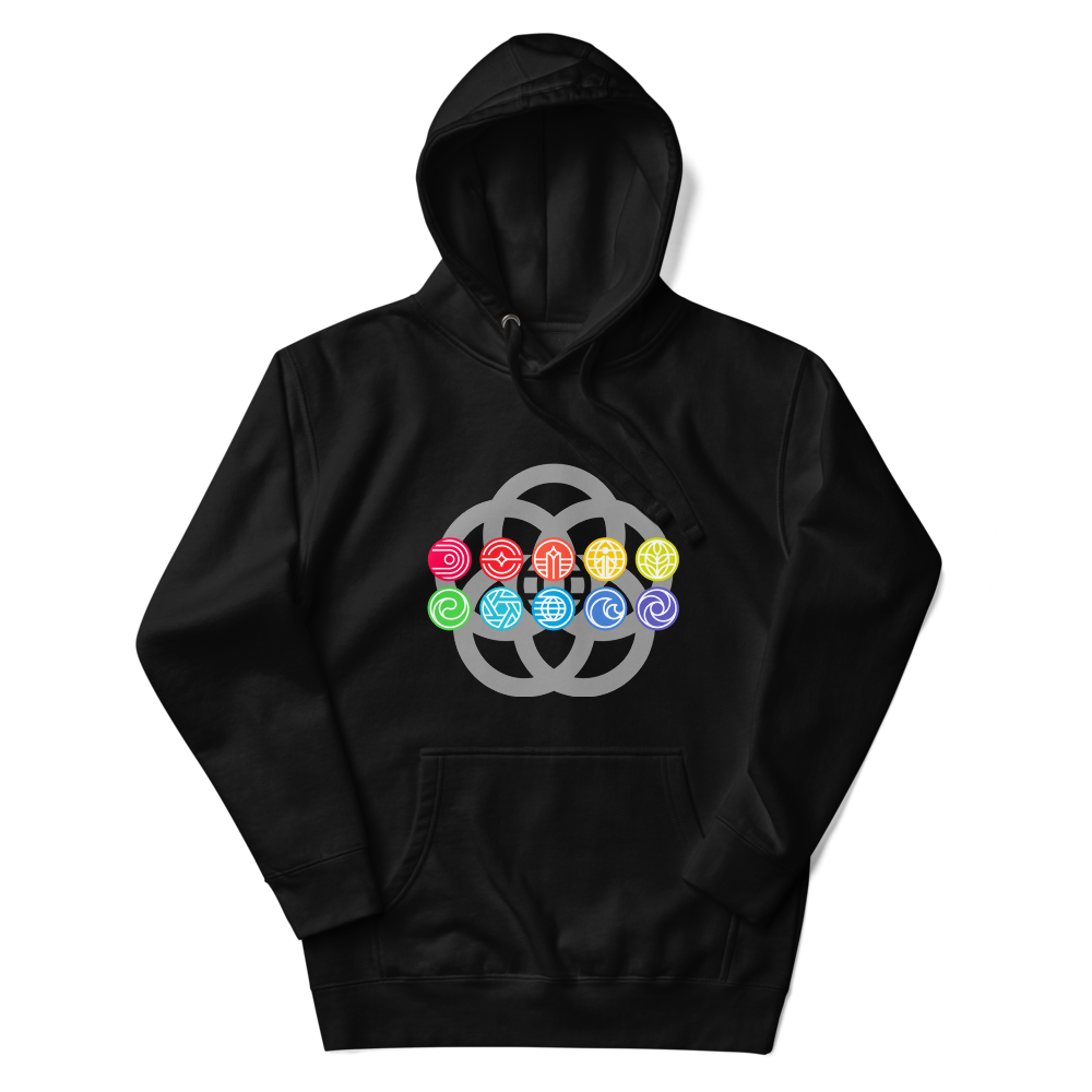 Ten EPCOT pavilion icons in rainbow colors, superimposed on a grey five-ring EPCOT park logo, on a Black hoodie — flat lay