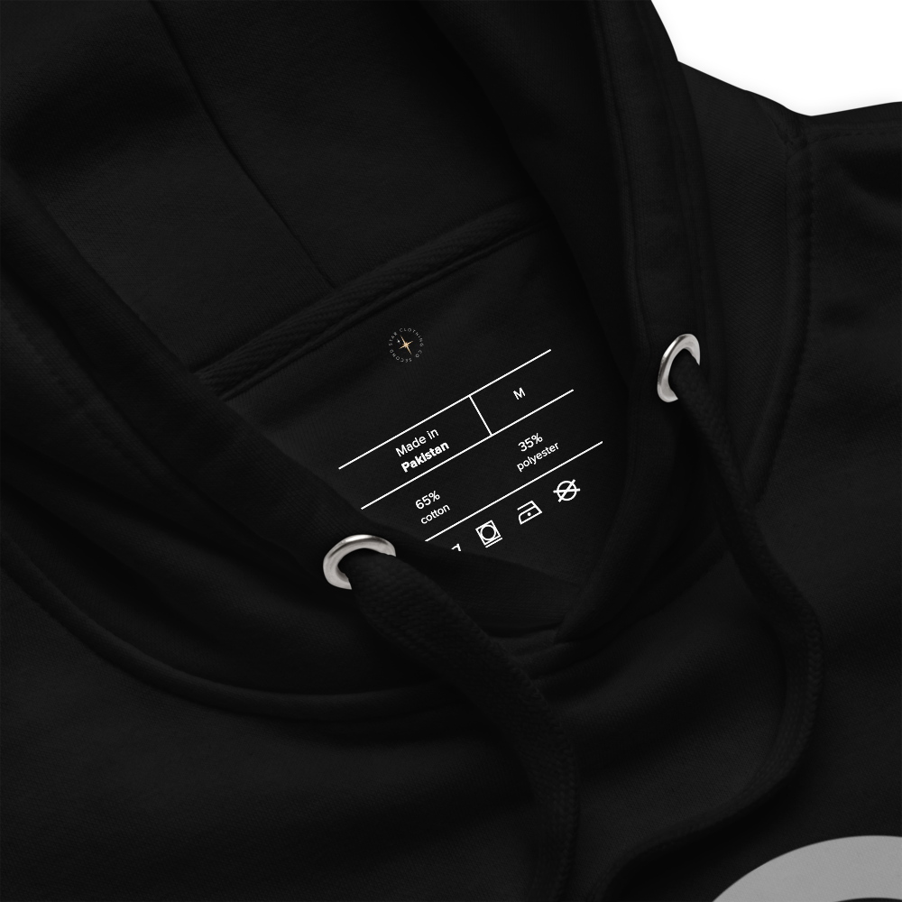Ten EPCOT pavilion icons in rainbow colors, superimposed on a grey five-ring EPCOT park logo, on a Black hoodie — fabric detail
