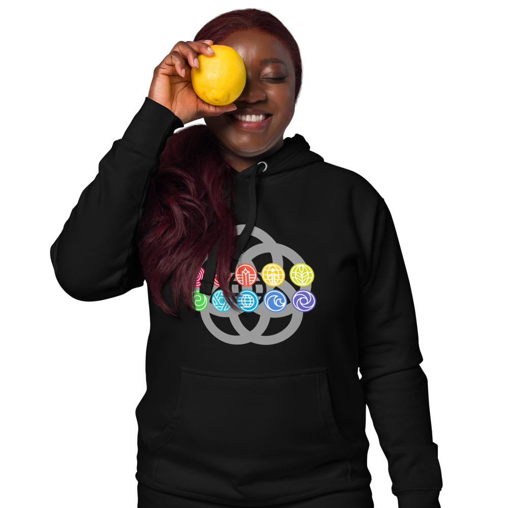 Ten EPCOT pavilion icons in rainbow colors, superimposed on a grey five-ring EPCOT park logo, on a Black hoodie — worn stylishly by a model