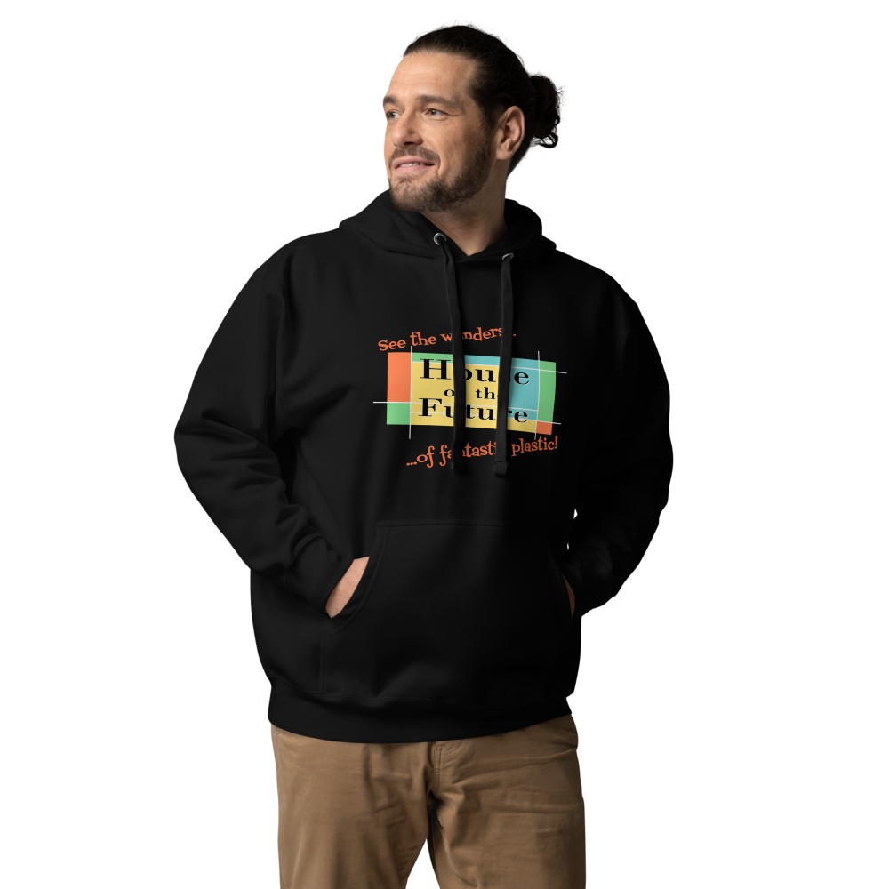 Logo inspired by the former attraction, House of the Future, with retro-styled text reading "See the Wonders of Fantastic Plastic!", on a Black hoodie — worn stylishly by a model