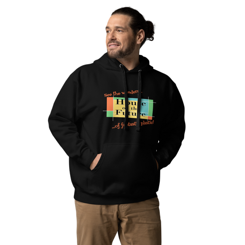 Logo inspired by the former attraction, House of the Future, with retro-styled text reading "See the Wonders of Fantastic Plastic!", on a Black hoodie — worn stylishly by a model