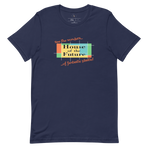 Logo inspired by the former attraction, House of the Future, with retro-styled text reading "See the Wonders of Fantastic Plastic!", on a Navy tee — flat lay