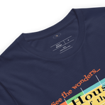 Logo inspired by the former attraction, House of the Future, with retro-styled text reading "See the Wonders of Fantastic Plastic!", on a Navy tee — fabric detail