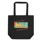 Logo inspired by the former attraction, House of the Future, with retro-styled text reading "See the Wonders of Fantastic Plastic!", on a Black tote — flat lay