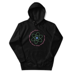 Logo inspired by the attraction with pink stylized retro text reading Adventures Thru Inner Space in a circle, surrounding atomic shaped text in green reading Miracles from Molecules, on a Black hoodie — flat lay