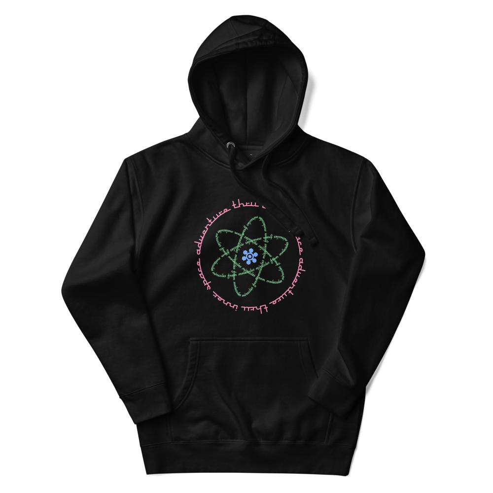 Logo inspired by the attraction with pink stylized retro text reading Adventures Thru Inner Space in a circle, surrounding atomic shaped text in green reading Miracles from Molecules, on a Black hoodie — flat lay