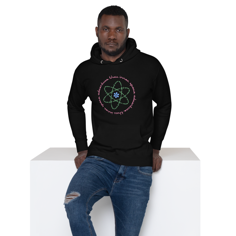 Logo inspired by the attraction with pink stylized retro text reading Adventures Thru Inner Space in a circle, surrounding atomic shaped text in green reading Miracles from Molecules, on a Black hoodie — worn stylishly by a model