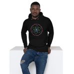 Logo inspired by the attraction with pink stylized retro text reading Adventures Thru Inner Space in a circle, surrounding atomic shaped text in green reading Miracles from Molecules, on a Black hoodie — worn stylishly by a model