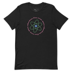 Logo inspired by the attraction with pink stylized retro text reading Adventures Thru Inner Space in a circle, surrounding atomic shaped text in green reading Miracles from Molecules, on a Vintage Black tee — flat lay