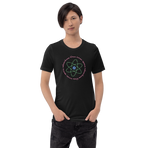 Logo inspired by the attraction with pink stylized retro text reading Adventures Thru Inner Space in a circle, surrounding atomic shaped text in green reading Miracles from Molecules, on a Vintage Black tee — worn stylishly by a model