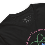 Logo inspired by the attraction with pink stylized retro text reading Adventures Thru Inner Space in a circle, surrounding atomic shaped text in green reading Miracles from Molecules, on a Vintage Black tee — fabric detail