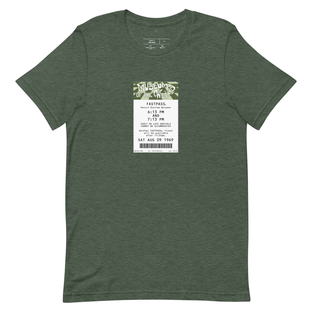 Museum of the Weird Fastpass Tee — Heather Forest, Flat front view