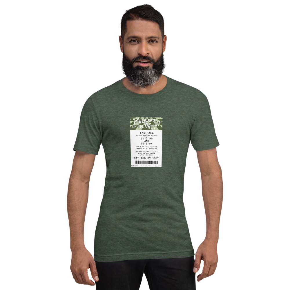 Museum of the Weird Fastpass Tee — Heather Forest, Men's 4 front view