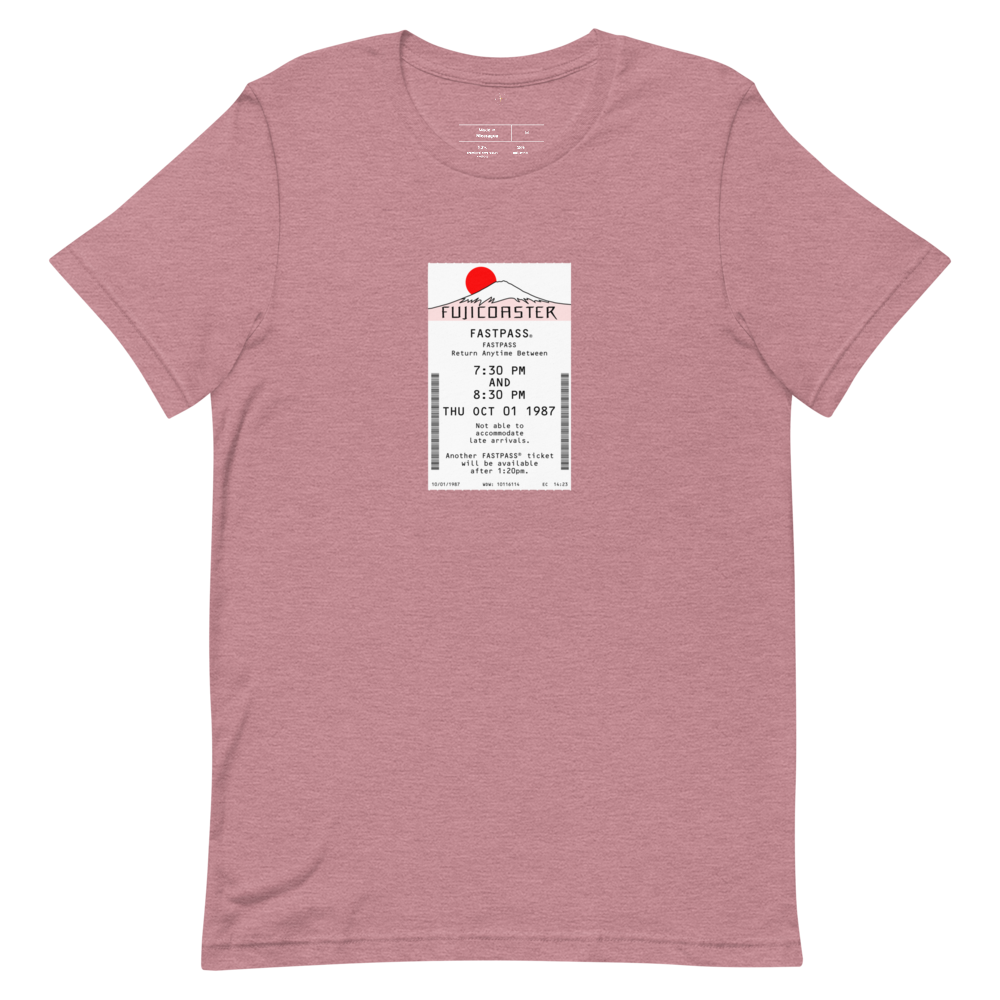 Imagined FASTPASS designed for the unbuilt Fujicoaster ride, with white-and-red-toned attraction logo, on a tee — flat lay