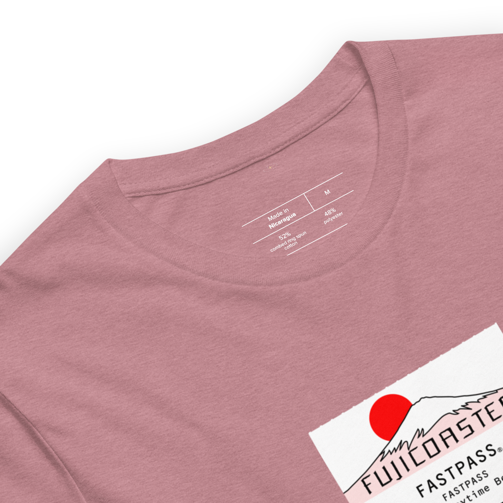 Imagined FASTPASS designed for the unbuilt Fujicoaster ride, with white-and-red-toned attraction logo, on a tee — fabric detail