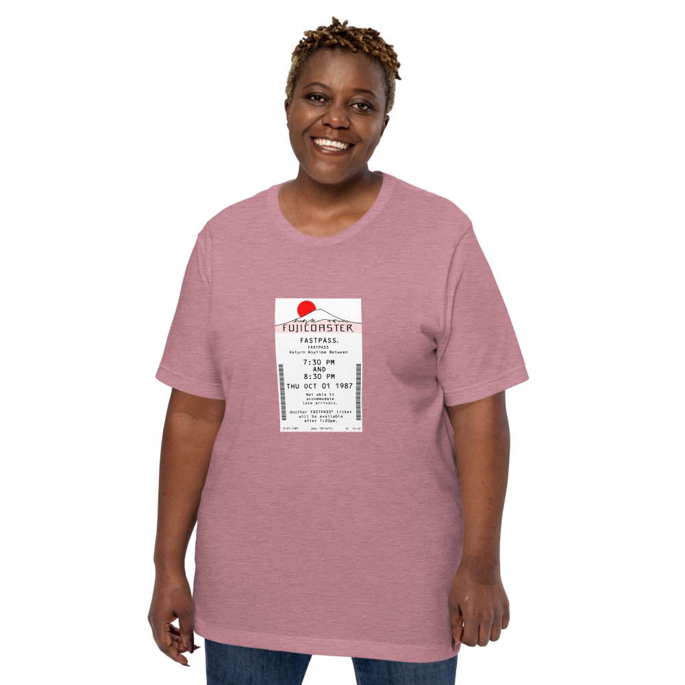 Imagined FASTPASS designed for the unbuilt Fujicoaster ride, with white-and-red-toned attraction logo, on a tee — worn stylishly by a model