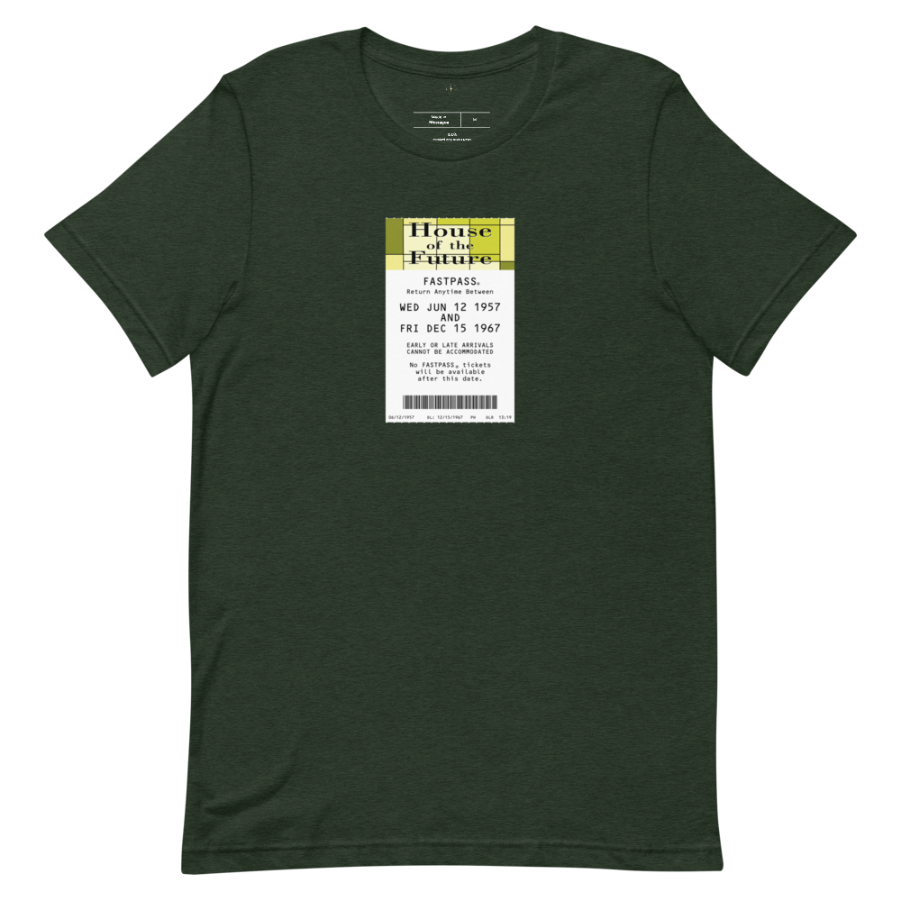 Imagined FASTPASS designed for the House of the Future attraction, with retro yellow-toned attraction logo, on a tee — flat lay