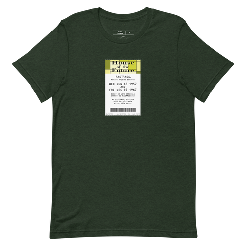 Imagined FASTPASS designed for the House of the Future attraction, with retro yellow-toned attraction logo, on a tee — flat lay