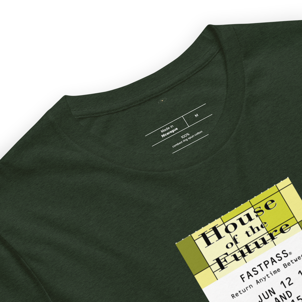 Imagined FASTPASS designed for the House of the Future attraction, with retro yellow-toned attraction logo, on a tee — fabric detail