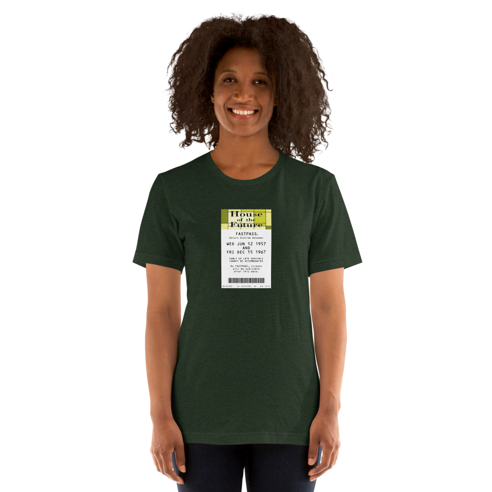 Imagined FASTPASS designed for the House of the Future attraction, with retro yellow-toned attraction logo, on a tee — worn stylishly by a model