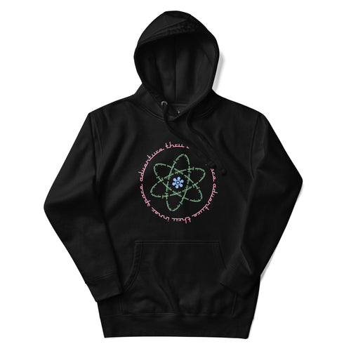 Logo inspired by the attraction with pink stylized retro text reading Adventures Thru Inner Space in a circle, surrounding atomic shaped text in green reading Miracles from Molecules, on a Black hoodie — worn stylishly by a model