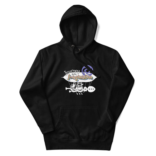 Logo inspired by EPCOT's Journey into Imagination, in rainbow colors atop an airship, on a Black hoodie — flat lay