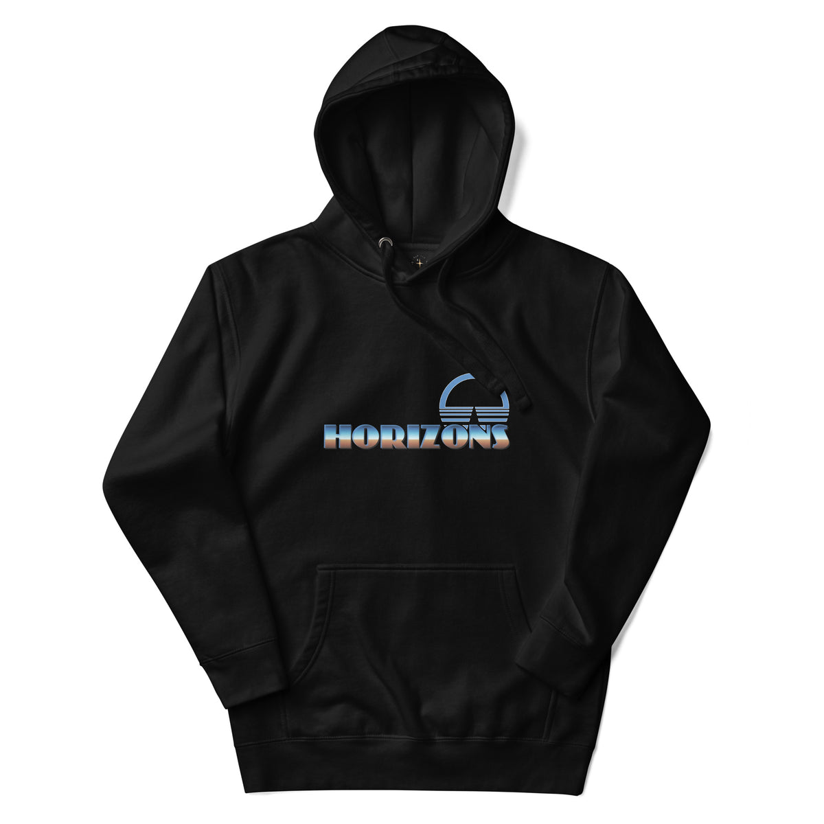 A logo for the classic EPCOT attraction, Horizons, text displaying with a sharp horizon line running through it, gradient to sky above and earth below., on a Black hoodie — flat lay