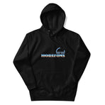 A logo for the classic EPCOT attraction, Horizons, text displaying with a sharp horizon line running through it, gradient to sky above and earth below., on a Black hoodie — flat lay