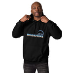 A logo for the classic EPCOT attraction, Horizons, text displaying with a sharp horizon line running through it, gradient to sky above and earth below., on a Black hoodie — worn stylishly by a model