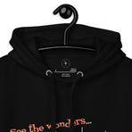 Logo inspired by the former attraction, House of the Future, with retro-styled text reading "See the Wonders of Fantastic Plastic!", on a Black hoodie — label closeup