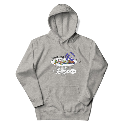 Logo inspired by EPCOT's Journey into Imagination, in rainbow colors atop an airship, on a Carbon Grey hoodie — flat lay