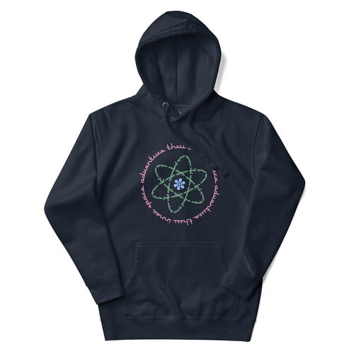 Logo inspired by the attraction with pink stylized retro text reading Adventures Thru Inner Space in a circle, surrounding atomic shaped text in green reading Miracles from Molecules, on a Navy Blazer hoodie — flat lay