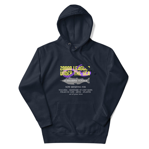 Stylized logo inspired by the park attraction 20000 Leagues Under The Sea with text in yellow, surrounded by purple tentacles, and departure destinations listed below, on a Navy Blazer hoodie — flat lay