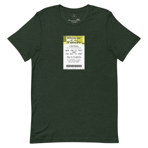 Imagined FASTPASS designed for the House of the Future attraction, with retro yellow-toned attraction logo, on a tee — flat lay