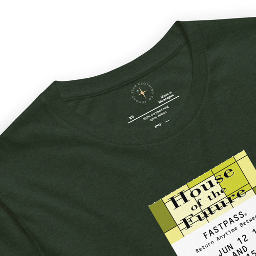 Imagined FASTPASS designed for the House of the Future attraction, with retro yellow-toned attraction logo, on a tee — fabric detail